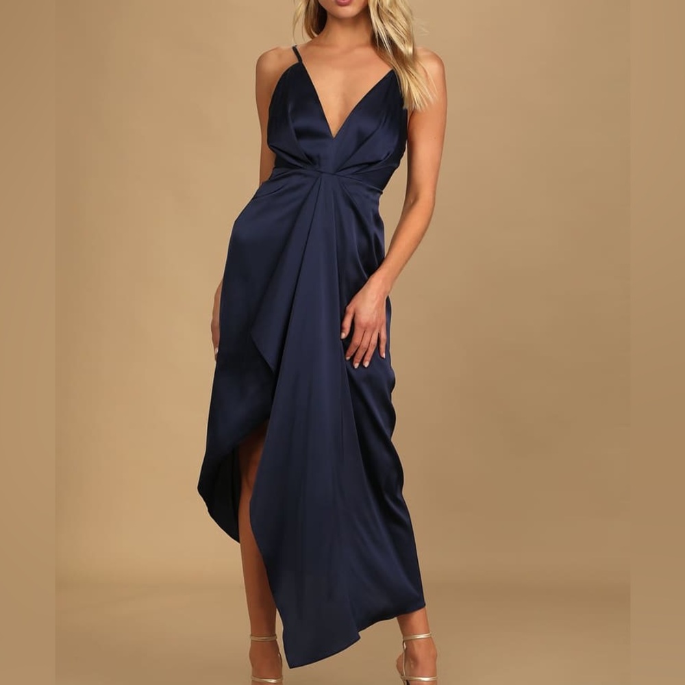 Lulus Nave Blue Satin Midi Dress